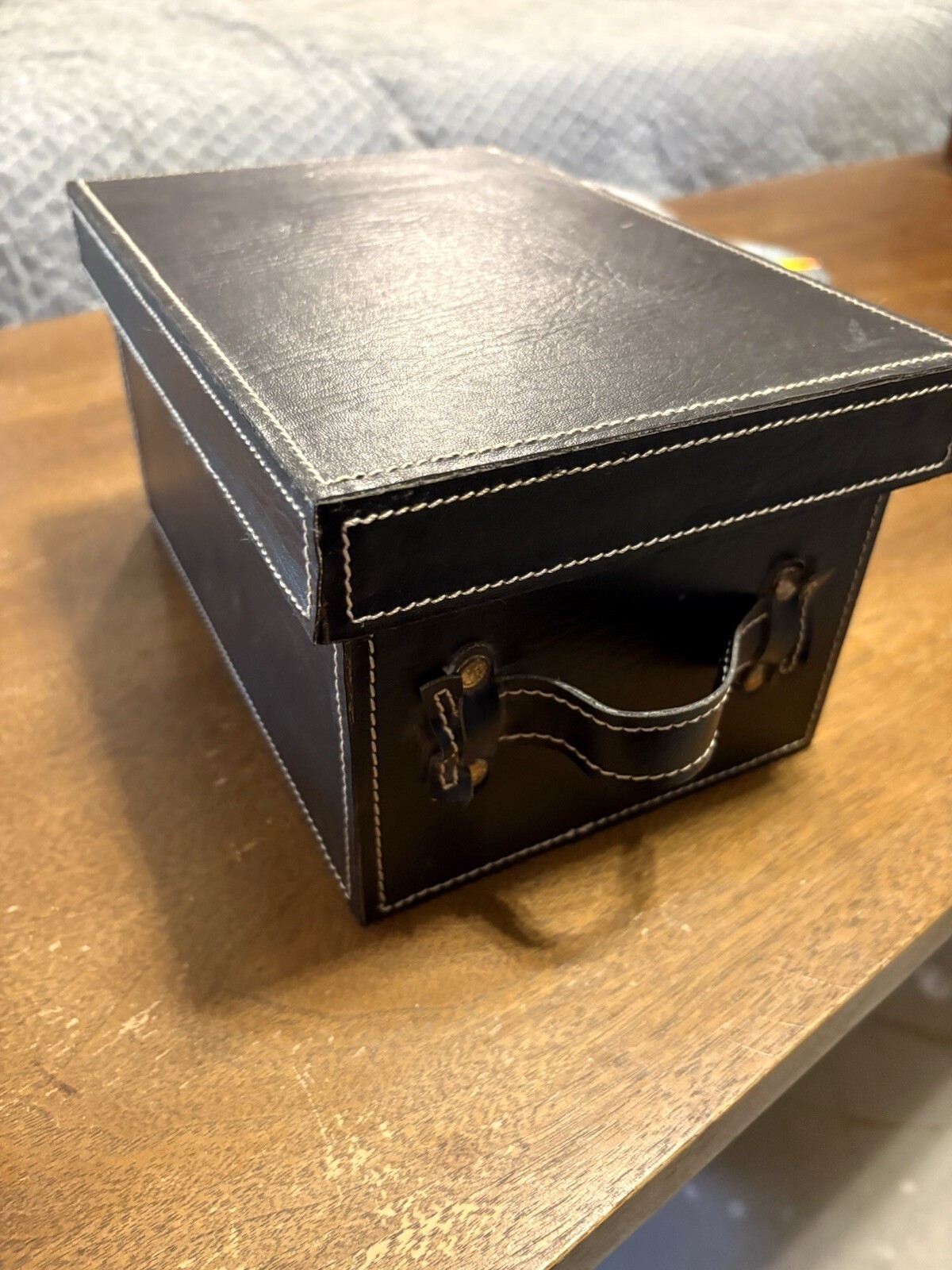 Black Faux Leather Storage Box with Lid & Handle White Stitching