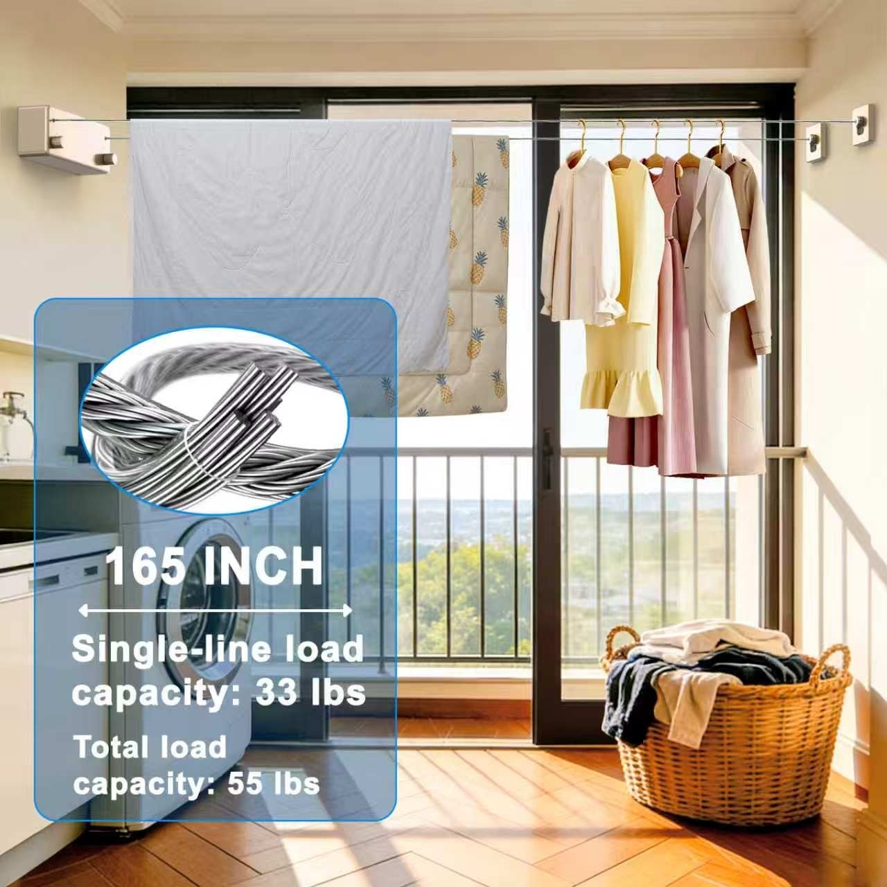 Retractable Clothesline 304 Stainless Steel 33lb Load Indoor/Outdoor Wall Mount
