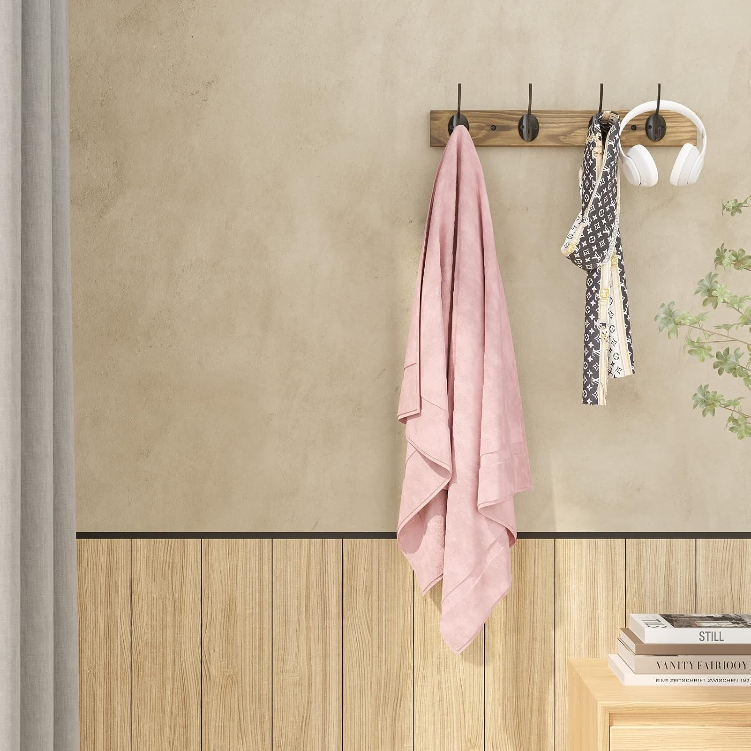 Wall Mounted Wooden Coat Hat Rack with 4 Hooks for Entryway Bathroom Bedroom