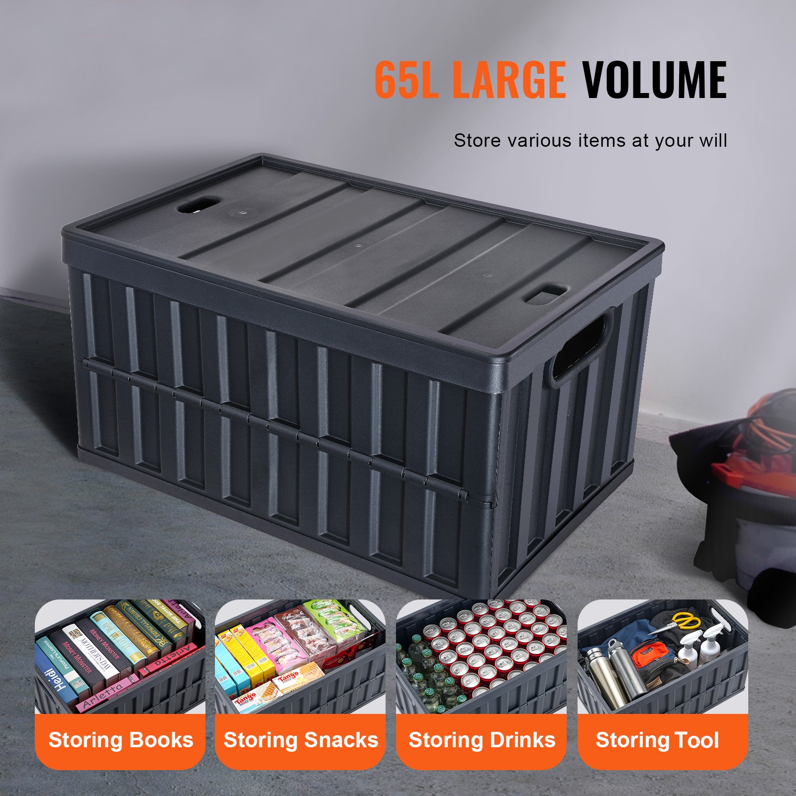 VEVOR Collapsible Storage Bins with Lids Folding Stackable Containers 65L 3-Pack