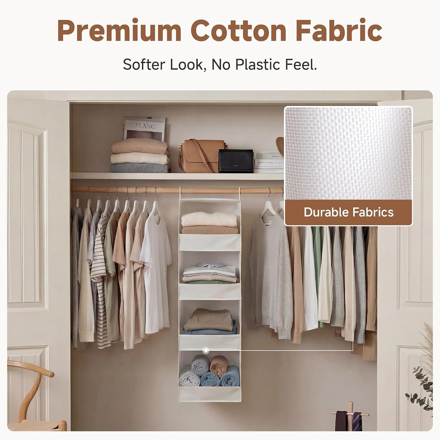 Basics Hanging Closet Organizer, 4-Shelf Wide Trapezoid Closet Shelves with Rein