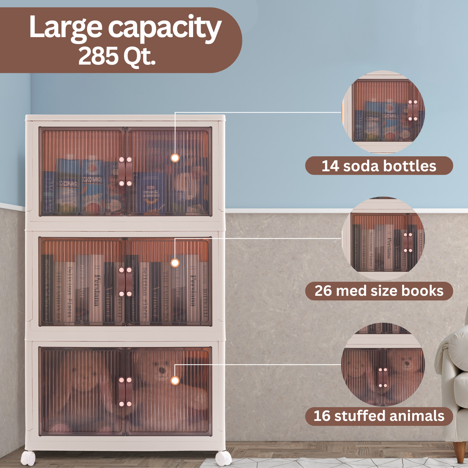 3 Pack – Collapsible Storage Cabinet – Foldable Storage Bins with Doors – 95 QT