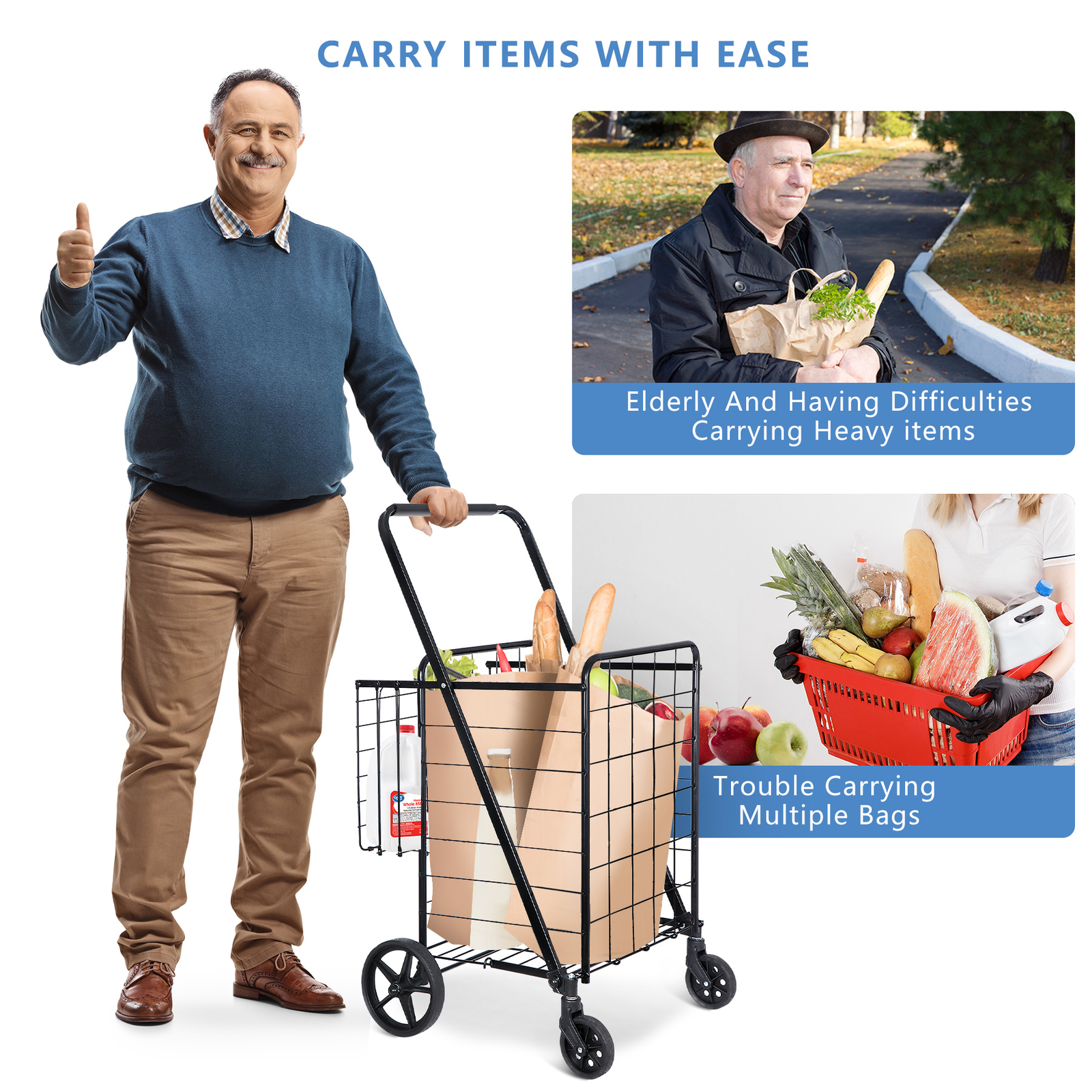 Folding Shopping Cart Rolling Trolley Utility 2 Basket W/Wheel for Laundry Black