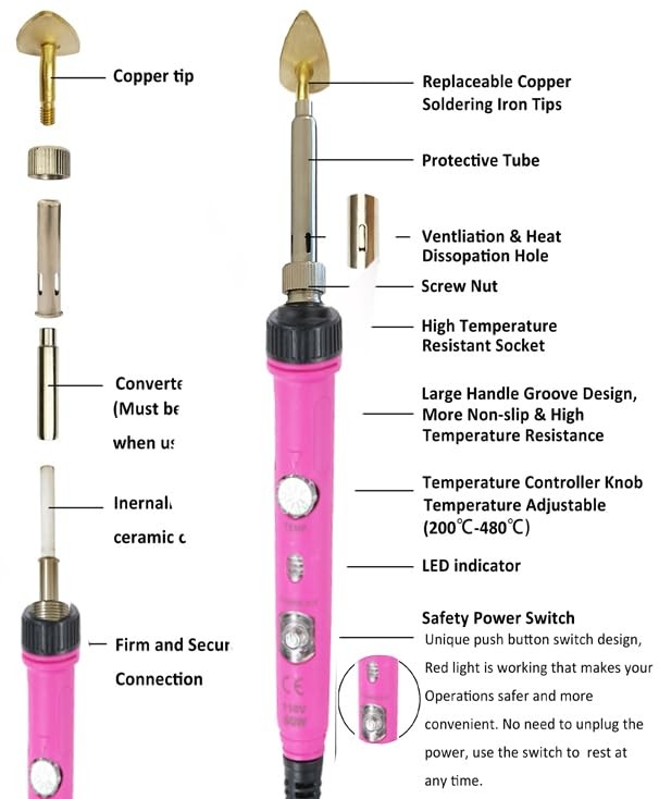 1 PC Hotpink Mini Iron, 80W, Adjustable Temperature, Replaceable Tips, Crafts