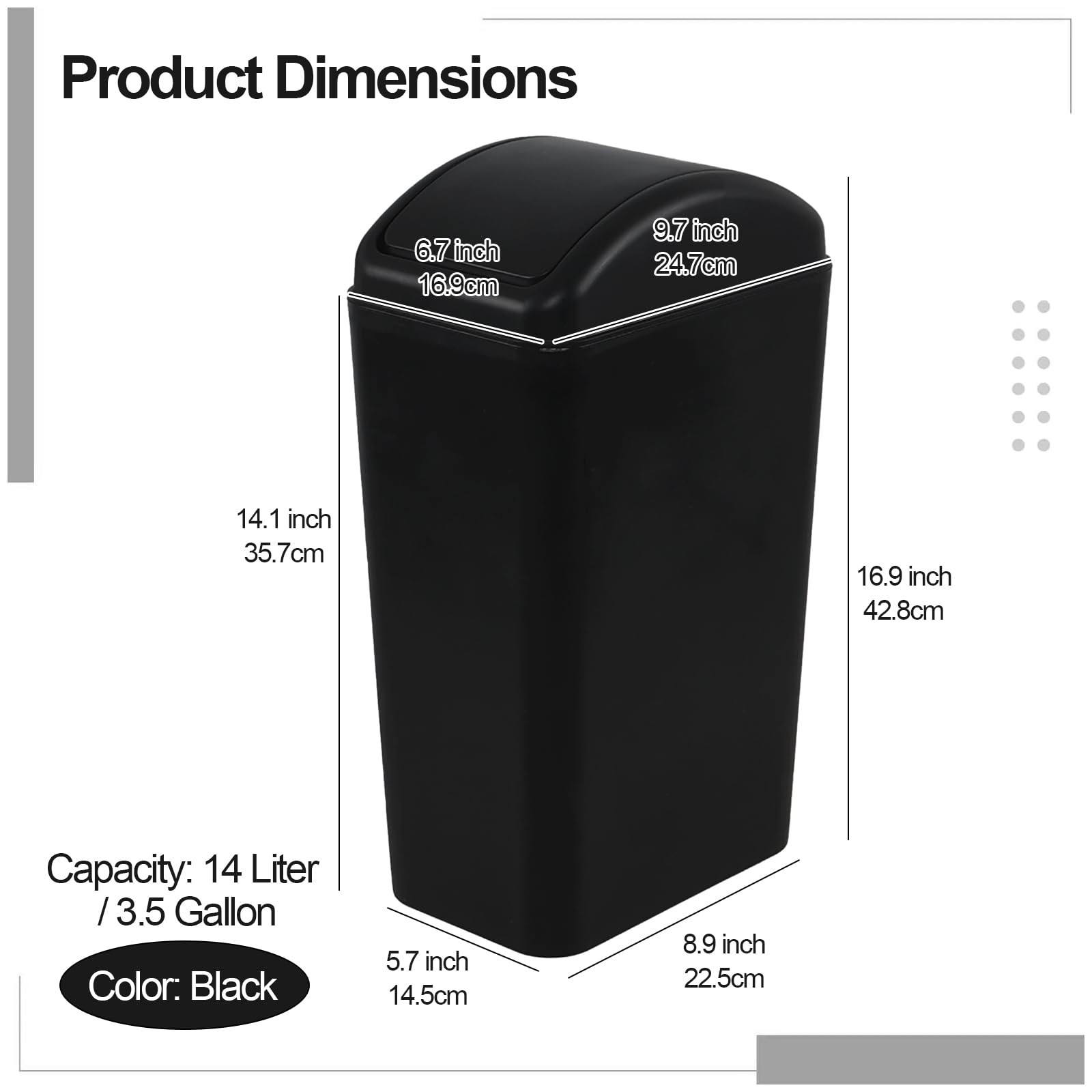 Black 12 L 3.5 Gallon Garbage Trash Can Swing Lid Slim Plastic Bin