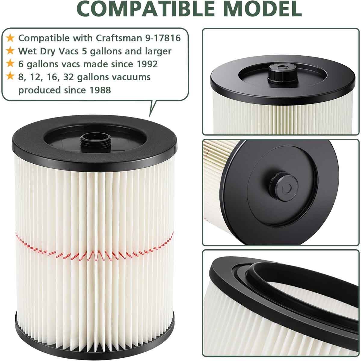 Vacuum Cartridge Filter For Shop Vac Craftsman 9-17816 Replacement Wet Dry