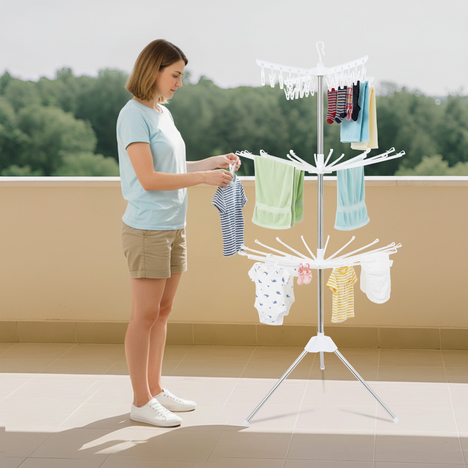 67″ 3-Tier Clothes Drying Rack With 24* Clips Floorstanding Laundry Drying Rack