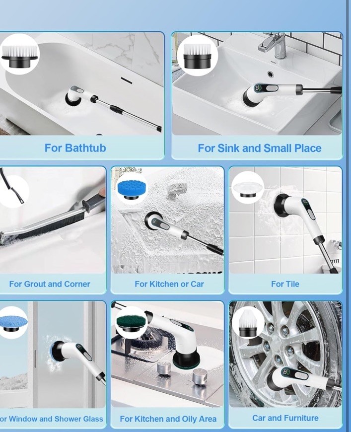 Cordless Electric Spin Scrubber with 7 Replaceable Attachments , Tub Tile Floor