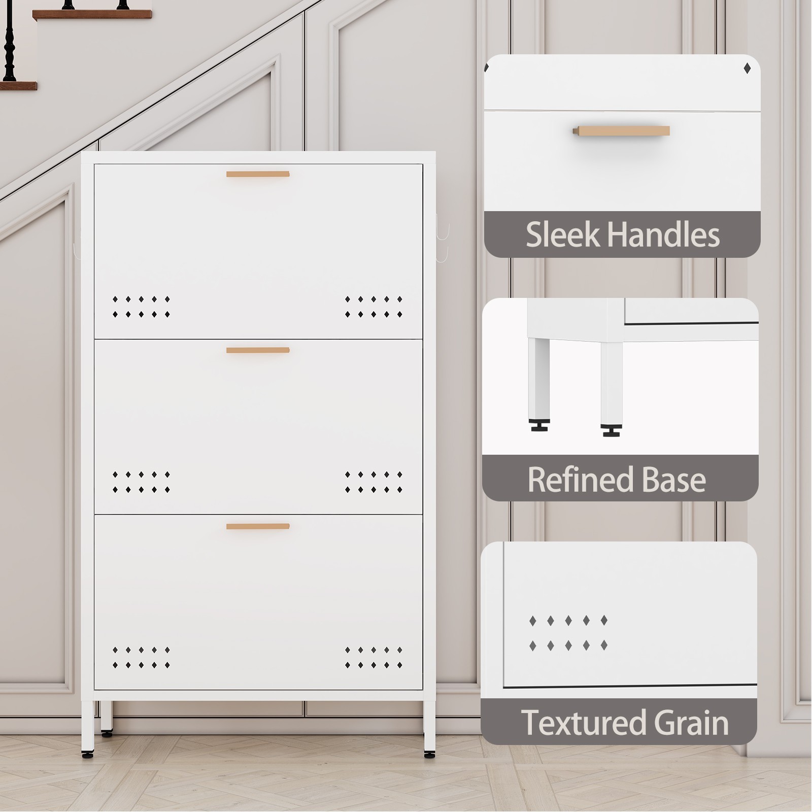 Shoe Cabinet with 3 Flip Drawers, Hidden Metal Shoe Cabinet for Entryway Hallway