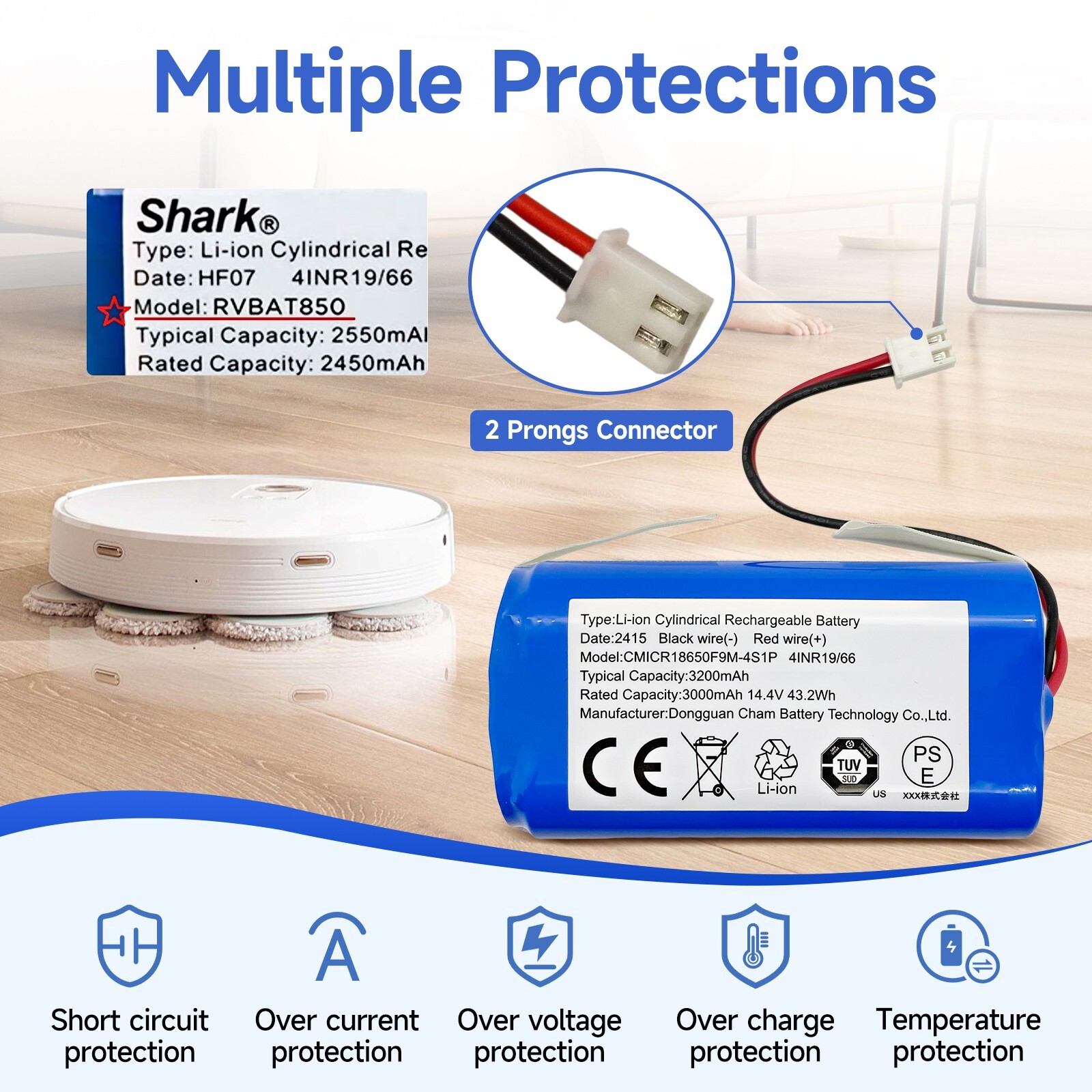 Shark RVBAT850 Battery for R75, R85, RV850, R87, RV871, S87, RV851WV (2 Prongs)