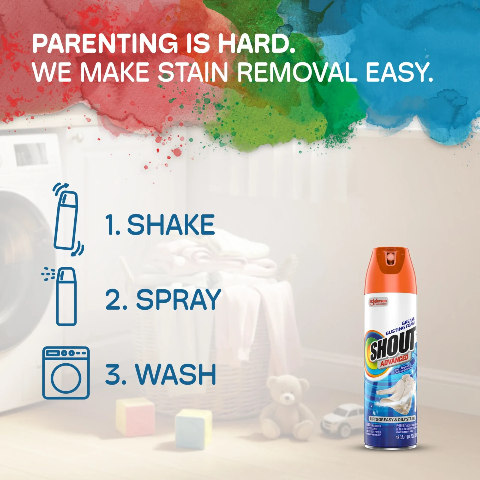 Shout Advanced Grease Busting Foam, Laundry Stain Remover for Oil and 18oz Can