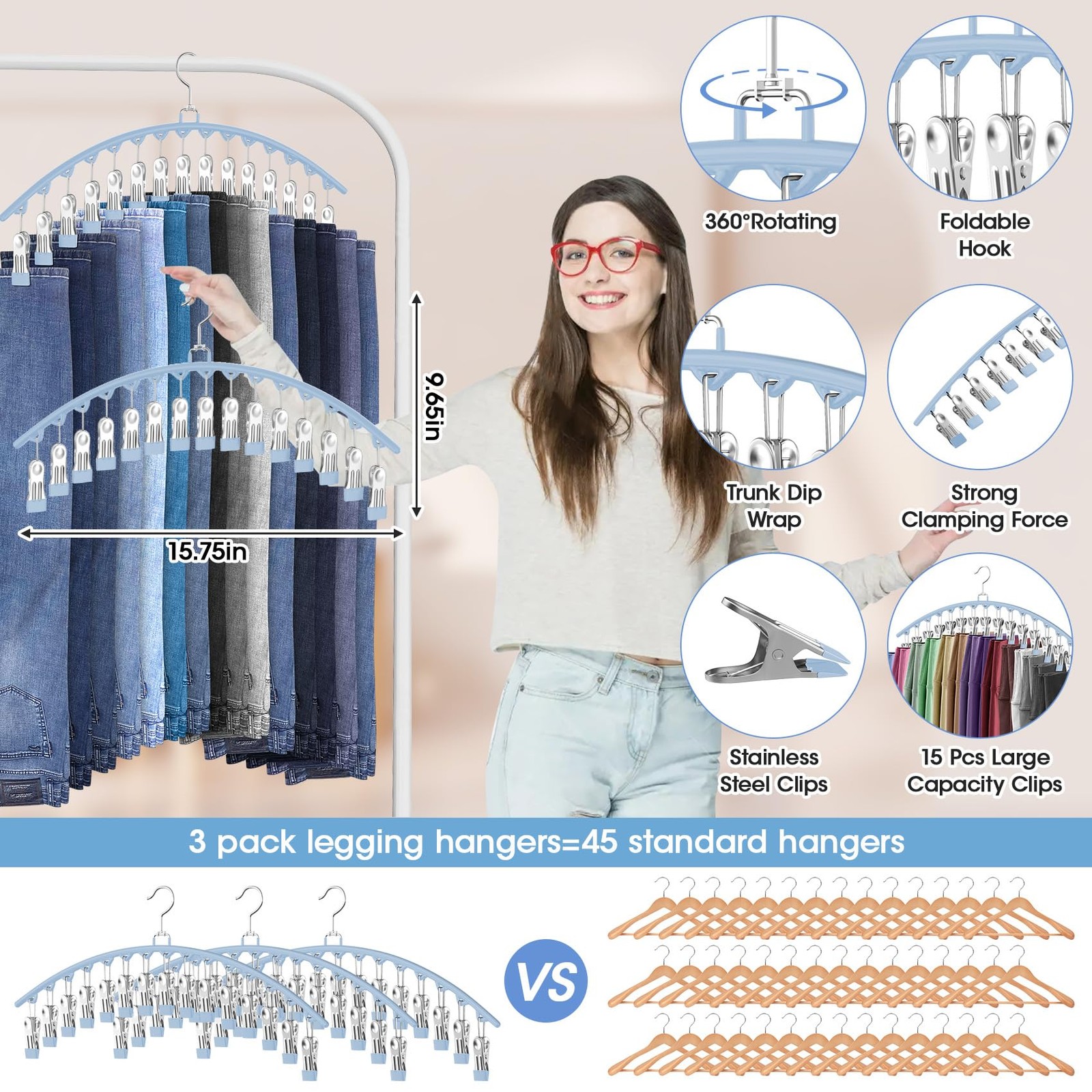 6 Pack Legging Organizer For Closet Hanging Pants Hangers With 15 Clips Holds 45