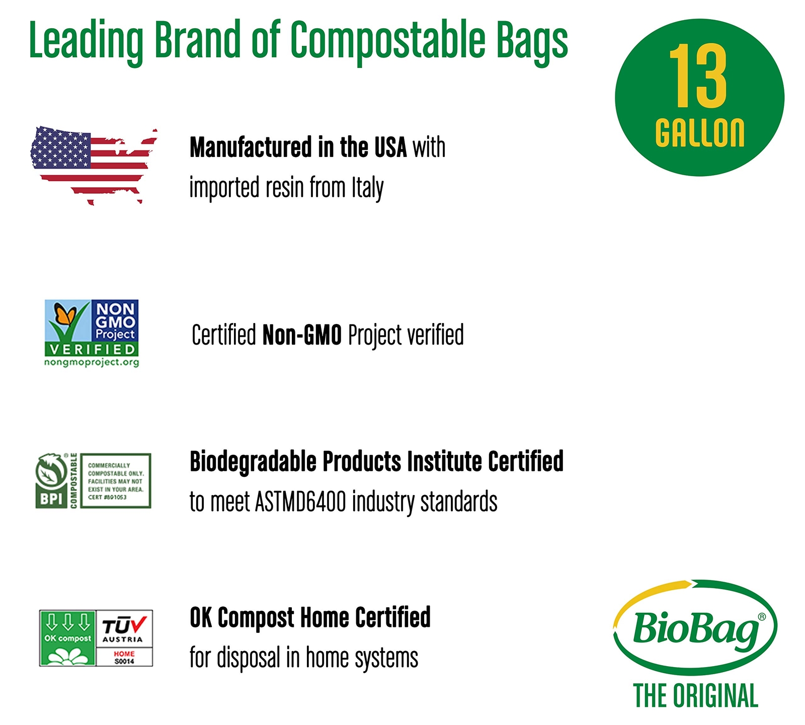 usa The Original Compostable Bag 13 Gallon 48 Total Count 100% Certified Compo