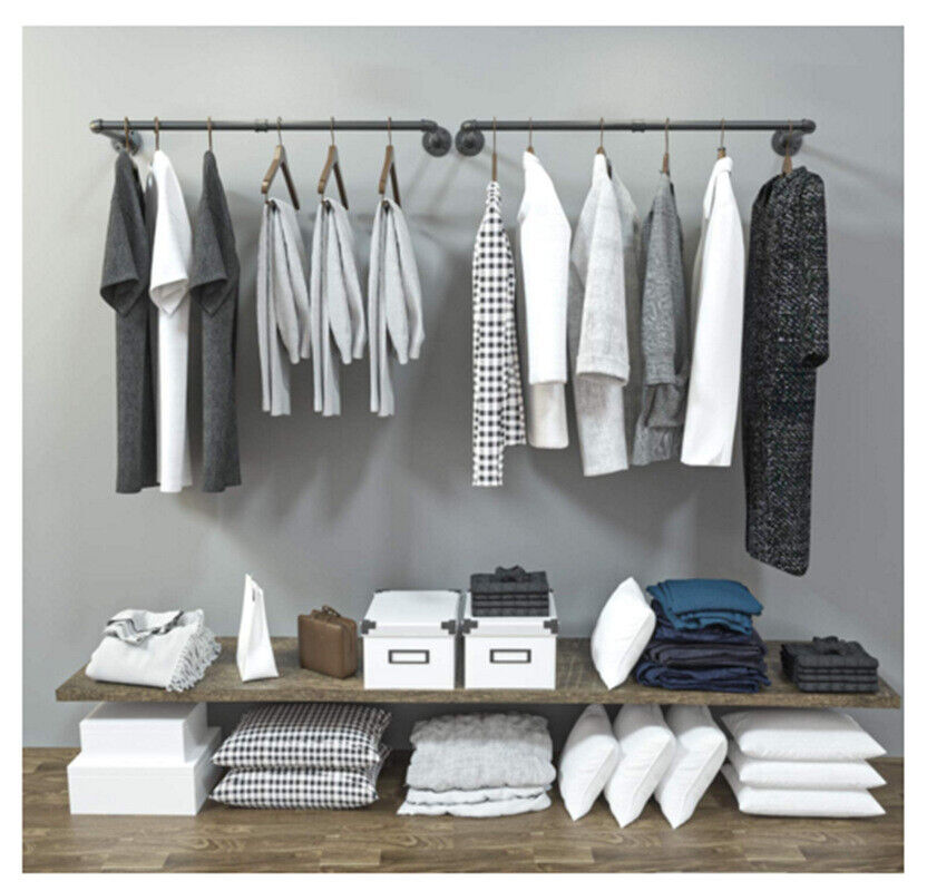 2X Wall Mounted Clothes Rack Industrial Pipe Clothes Hanging Bar Space Saving