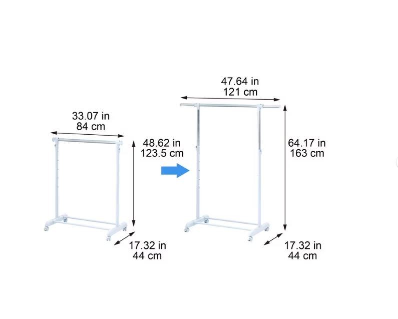 Heavy Clothes Hanger Adjustable Height Rolling Garment Rack Metal Chrome White