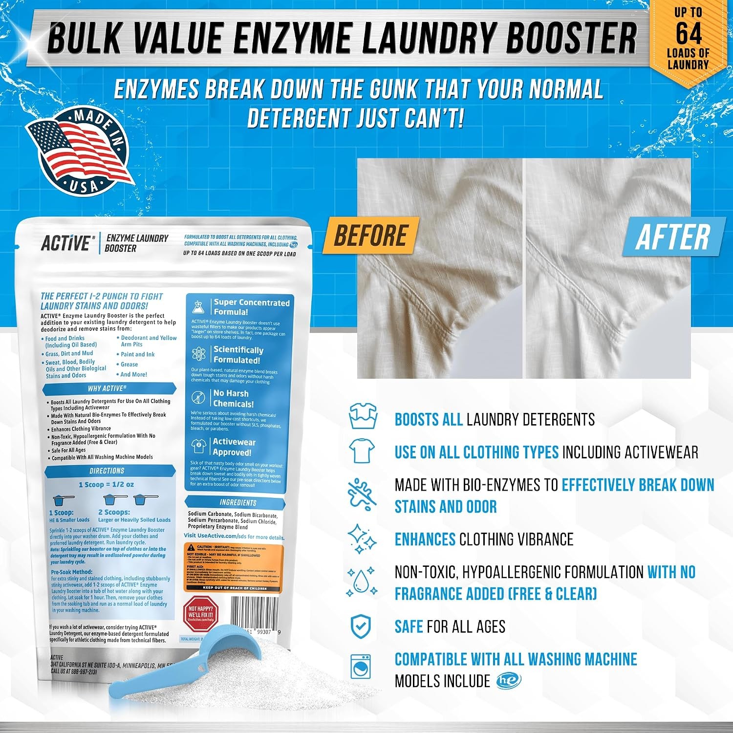 Enzyme Laundry Booster Odor Remover – 2 lbs Unscented Enzymatic Clothes Stain Cl