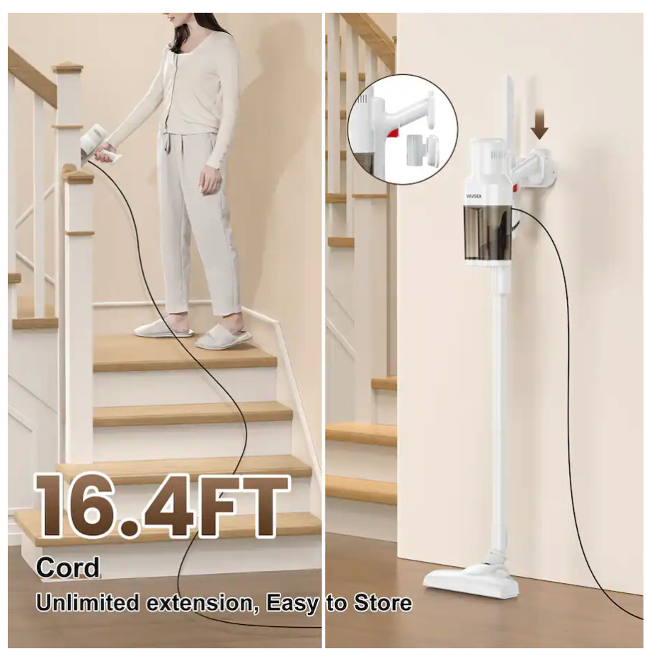Corded Stick Vacuum Cleaner 22KPA Suction HEPA Filter 800ML Dust Cup White Quiet