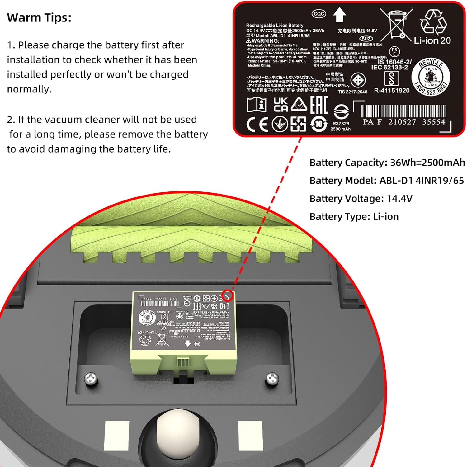 for iRobot Roomba e & i Series ABL-D1 Battery Replacement, Compatible