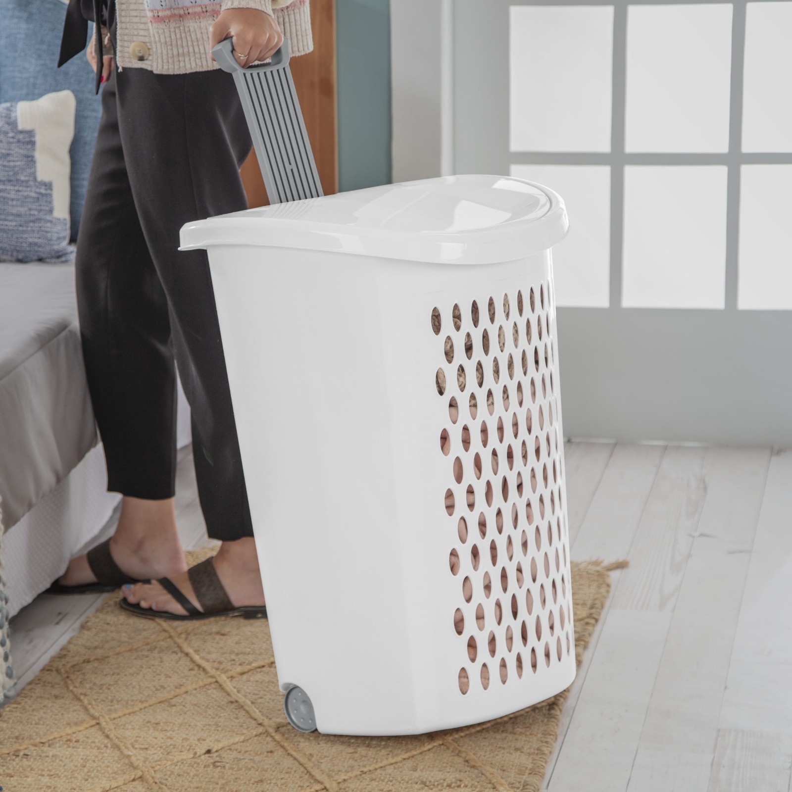 Wheeled Laundry Hamper White Plastic Basket Handle Rolling Storage