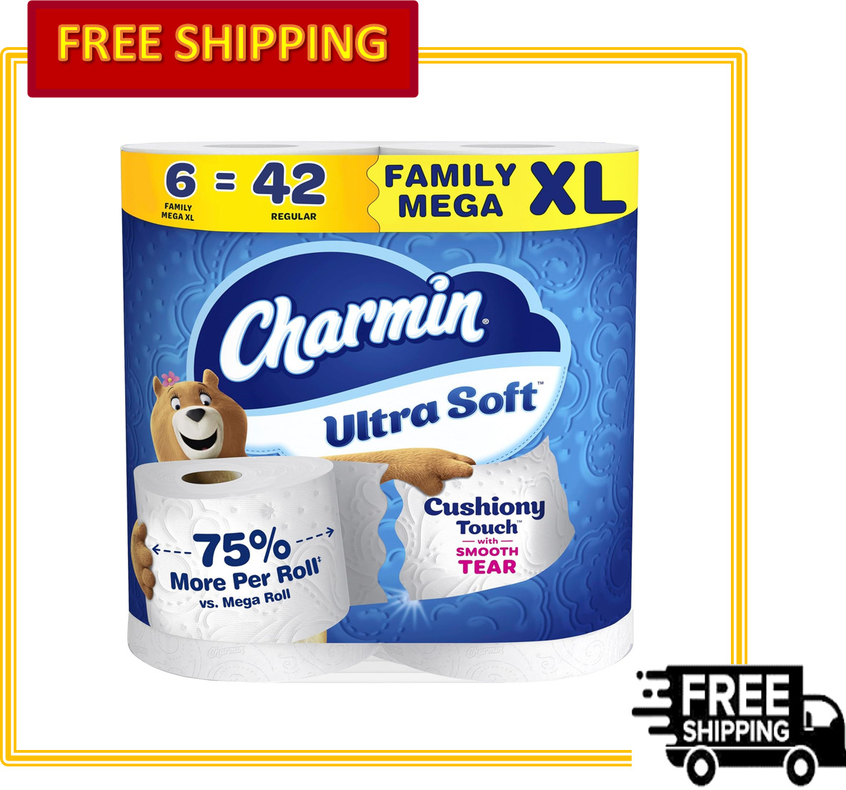 Charmin Ultra Soft Cushiony Touch Toilet Paper, 6 Family Mega XL Rolls = 42 Roll