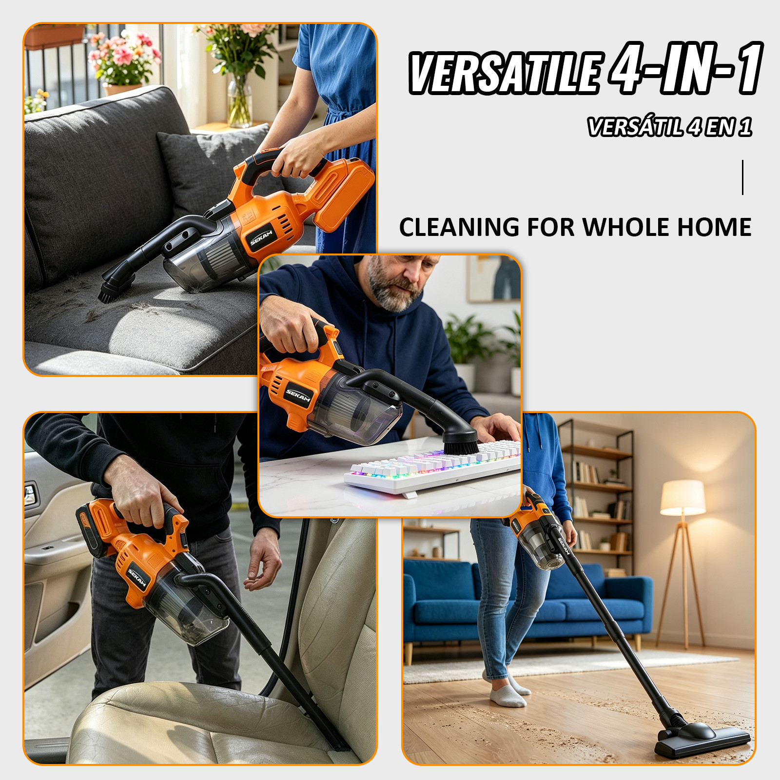 Wireless Vacuum Cleaner Handheld Stick Extension Rod Multi Surface Broom Orange