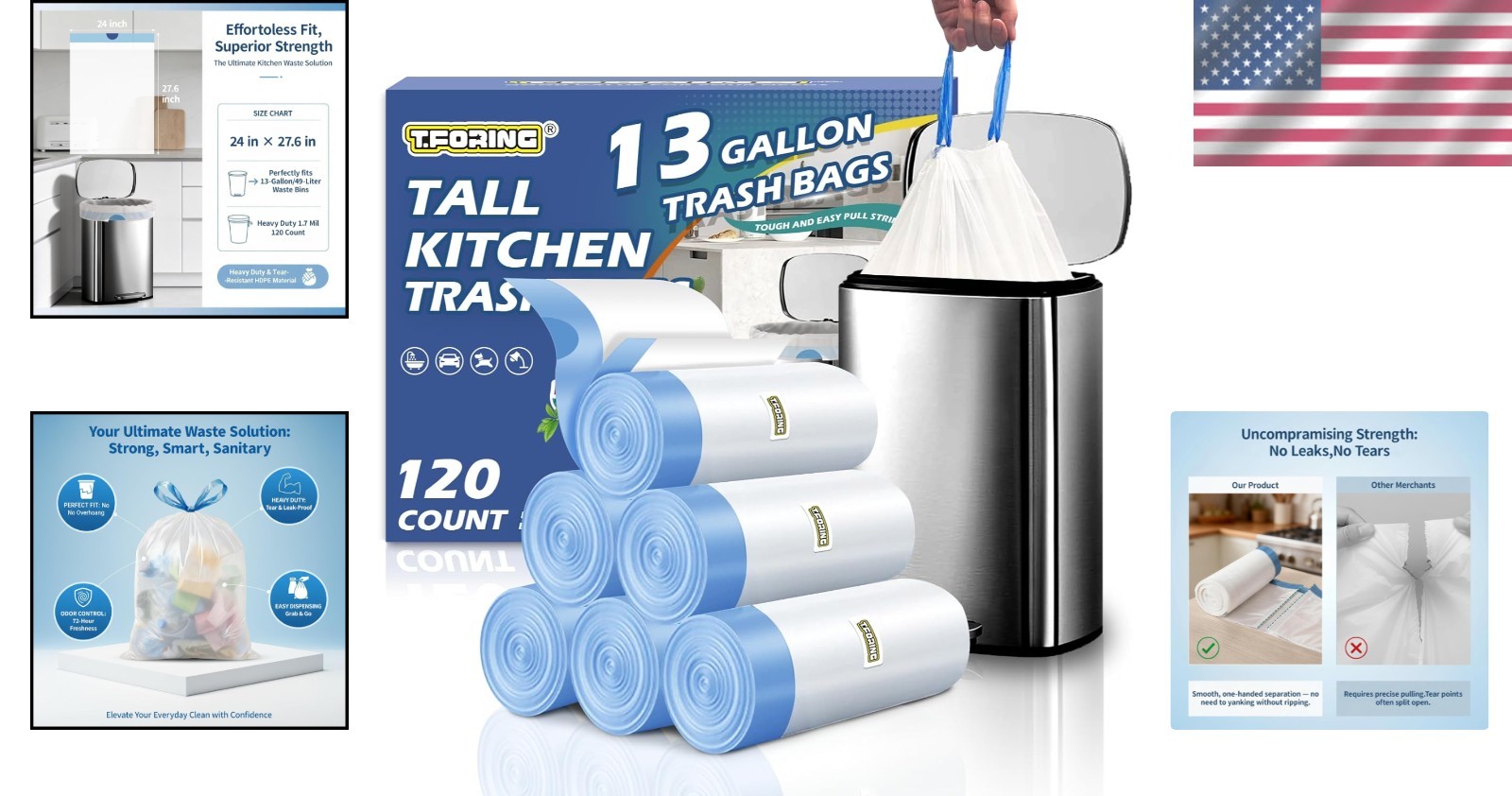 Tear-Free Drawstring Garbage Can Liners, 120ct