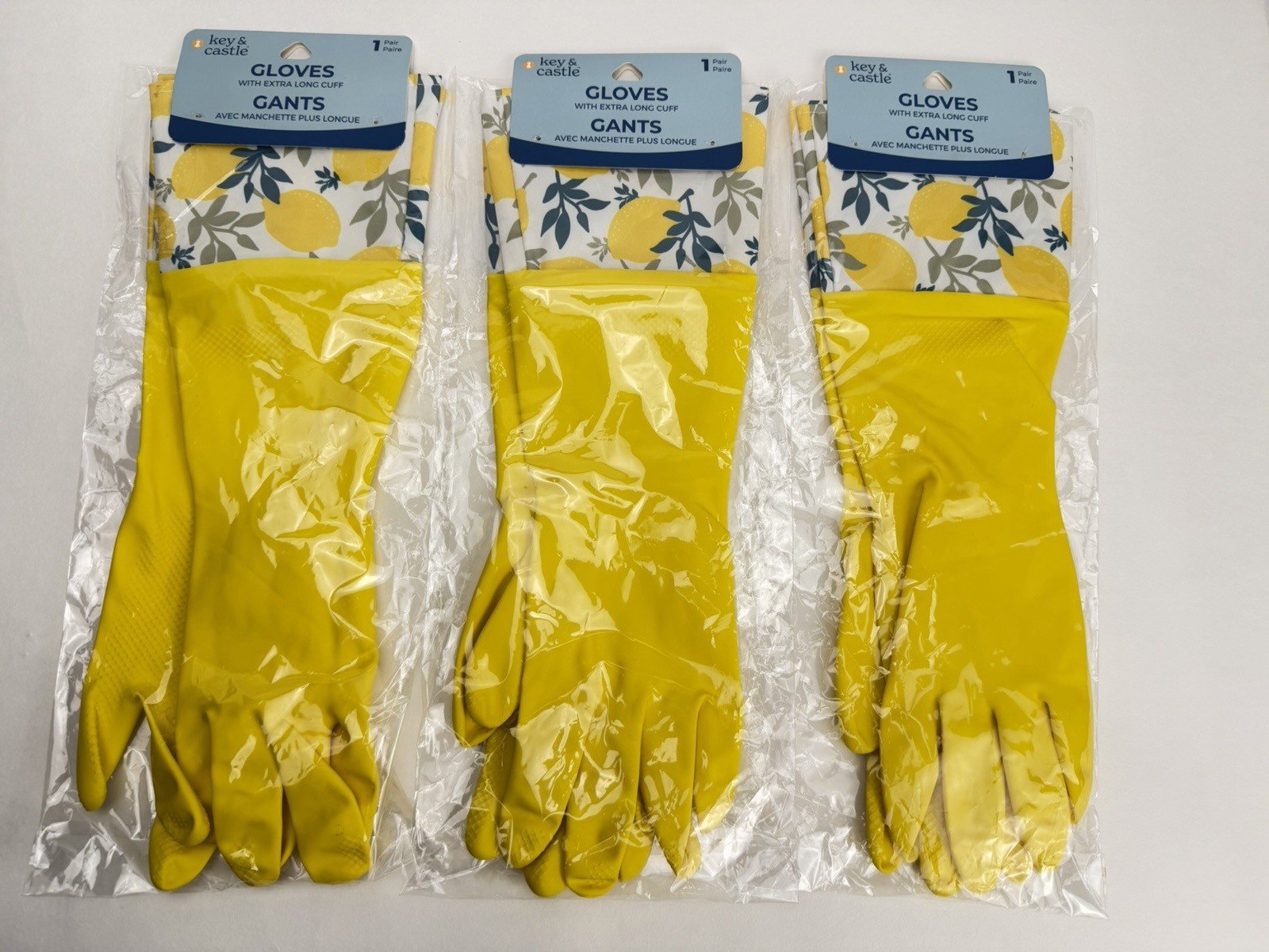 3-pk Key & Castle Extra-Long Cuff Latex Gloves One Size Lemons Dishwashing Clean