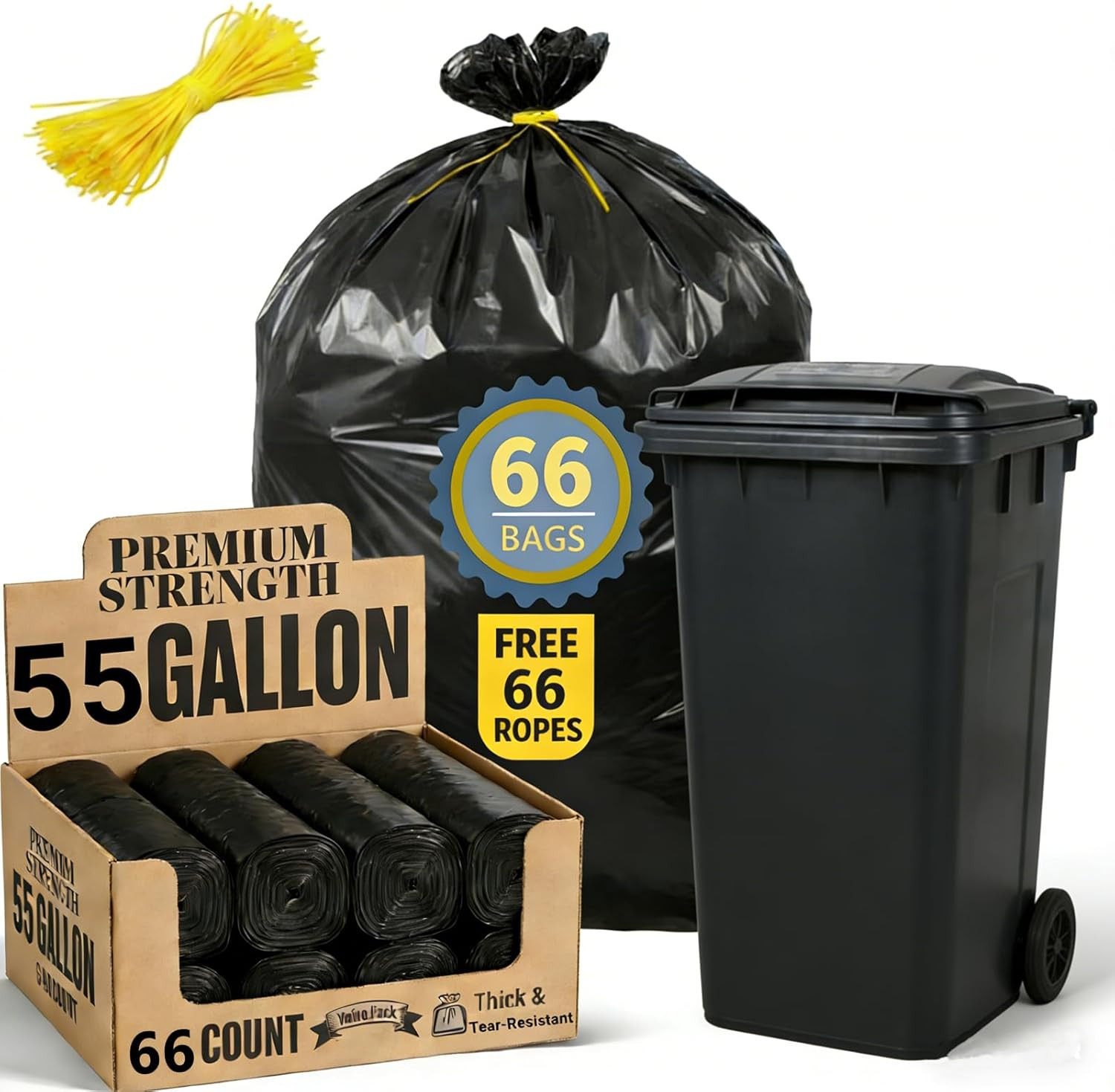 55 Gallon Trash Bag, 66 Count Garbage Trash Bags, 2.0 Mil Heavy Duty 40 x 47″ La