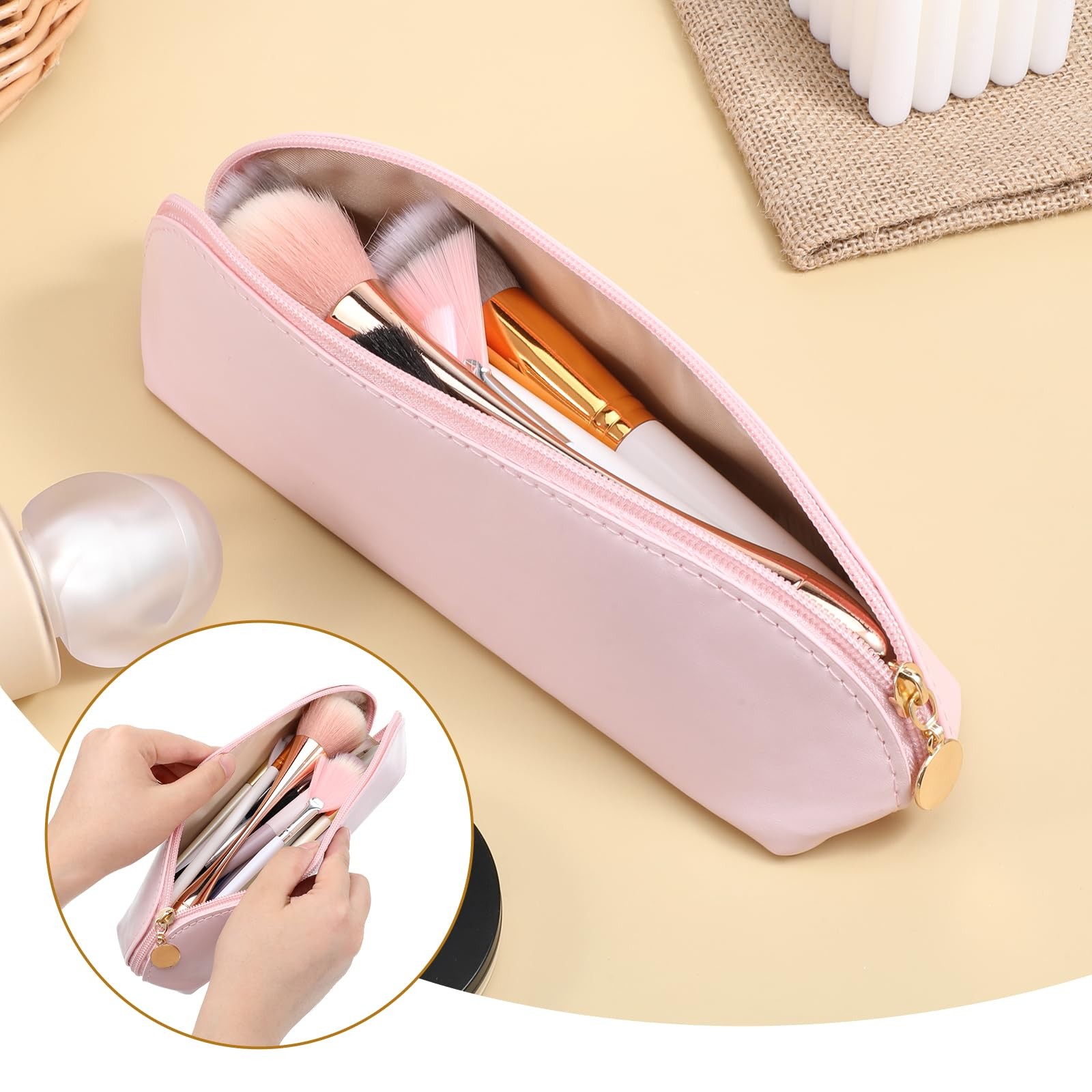 Prasacco Leather Makeup Brush Bag With 26x7x6.5 cm/10.2×2.8×2.56 in, Beige