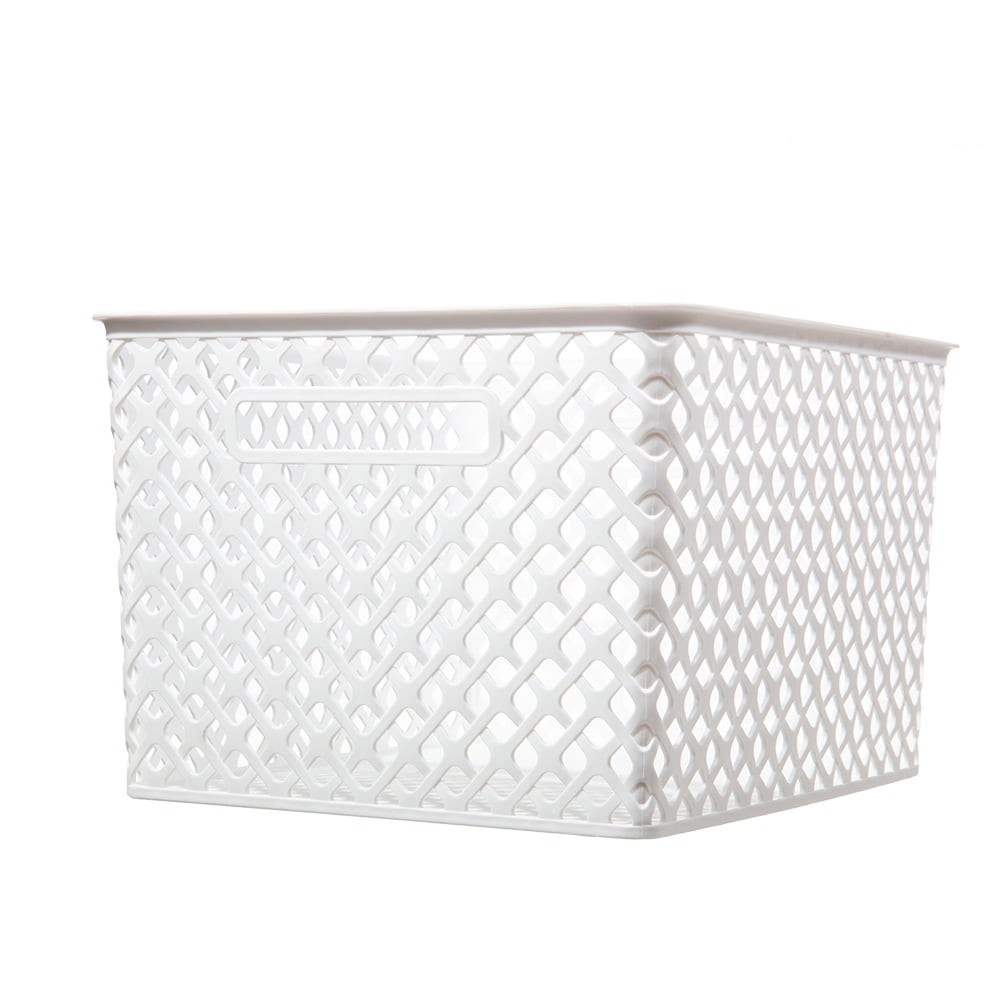 Large White Decorative Plastic Storage Basket, 14.7 in x 12 in x 8.5 in