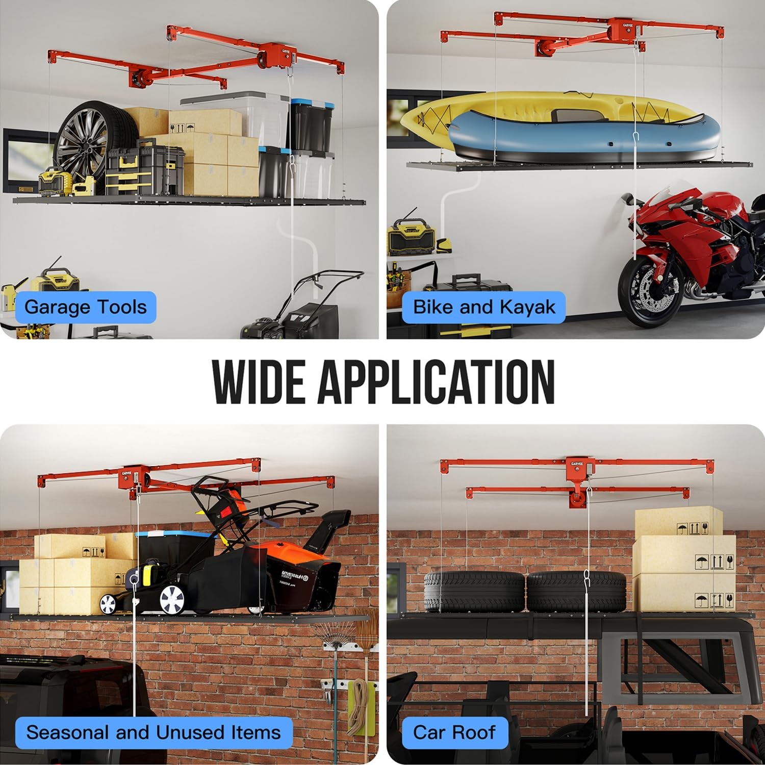 4x8FT Overhead Garage Storage Rack 800LB Capacity Fits 8-14ft Ceiling Hoist