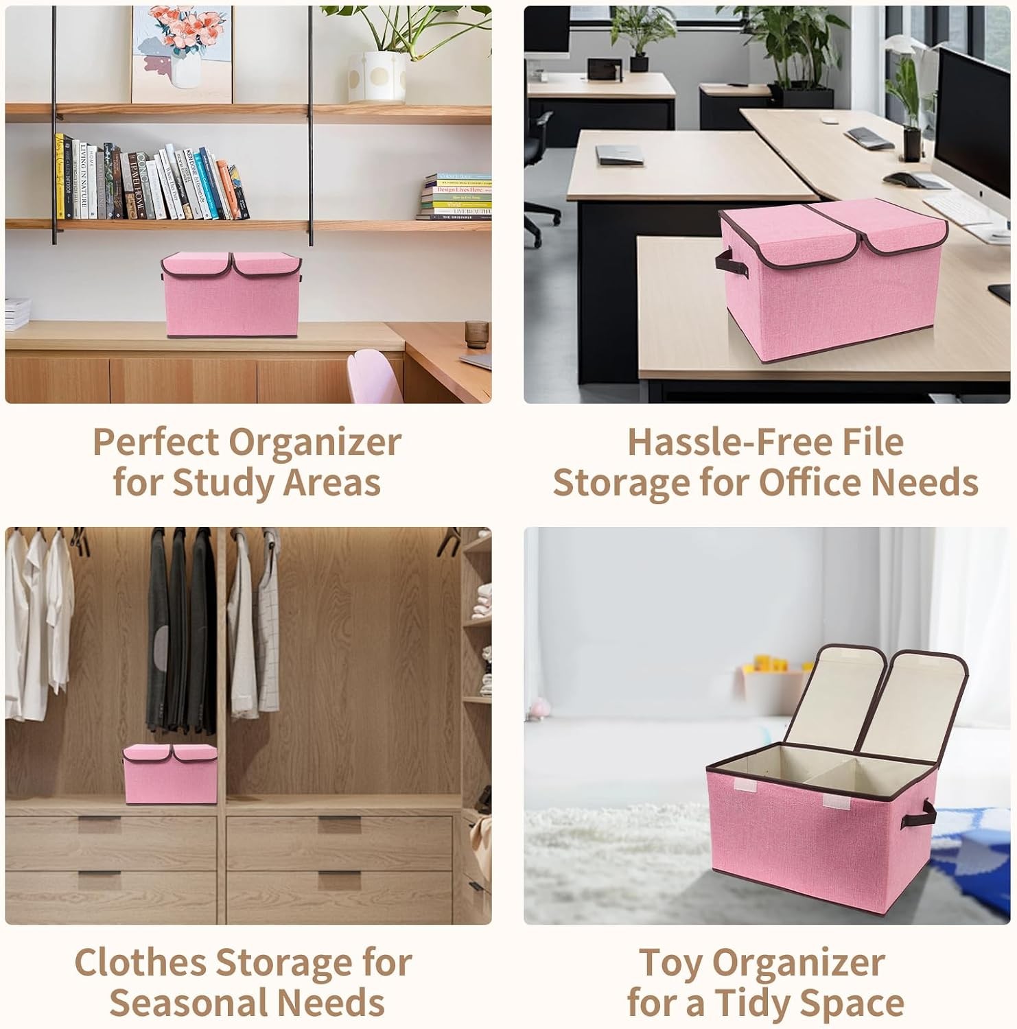 Fabric Foldable Storage Box Pink 16.5×11.8×9.8in Double-Lid Dividers Organizer