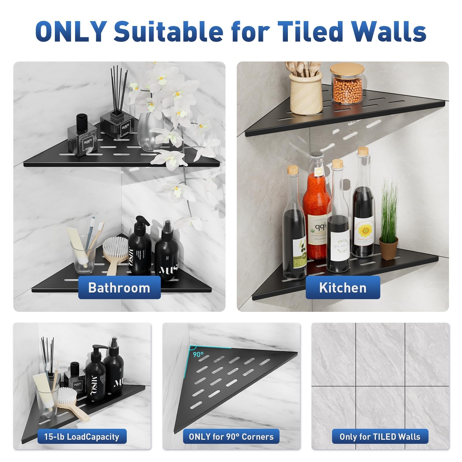 lives Corner Shower Shelves 2 Pack, Triangle-2pcs-Rectangular Patterns, Black