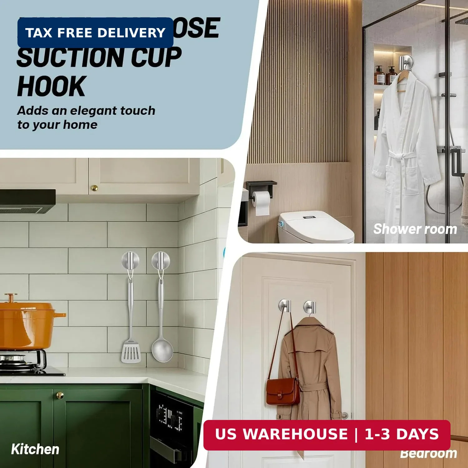 15-LB Suction Cup Hooks for Shower, Stainless Steel Bathroom Towel Hook for Glas