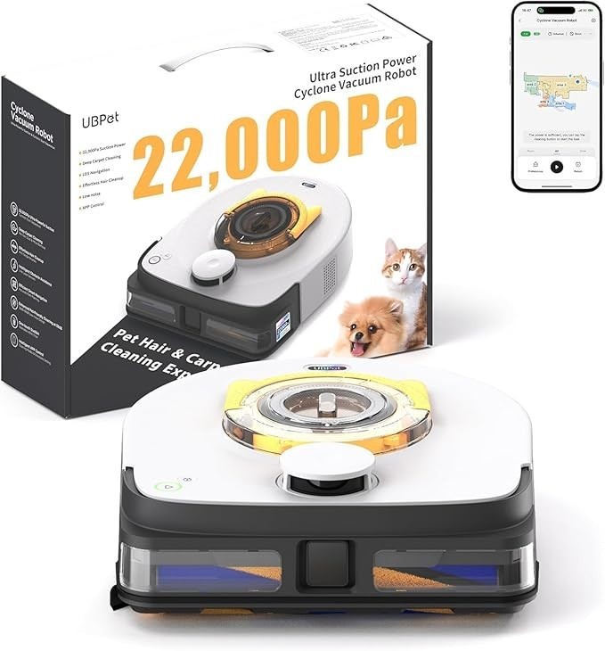 UBPET Robot Vacuum 22000Pa Strong Suction LiDAR Navigation App Control Pet Hair