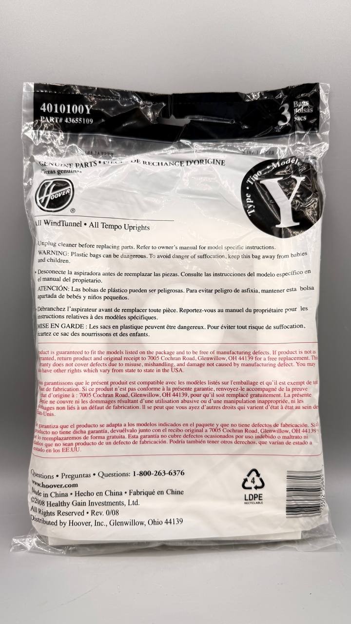 5 Packs Hoover Type Y Allergen Vacuum Bags WindTunnel 1 2 3 Upright 15 Bags New