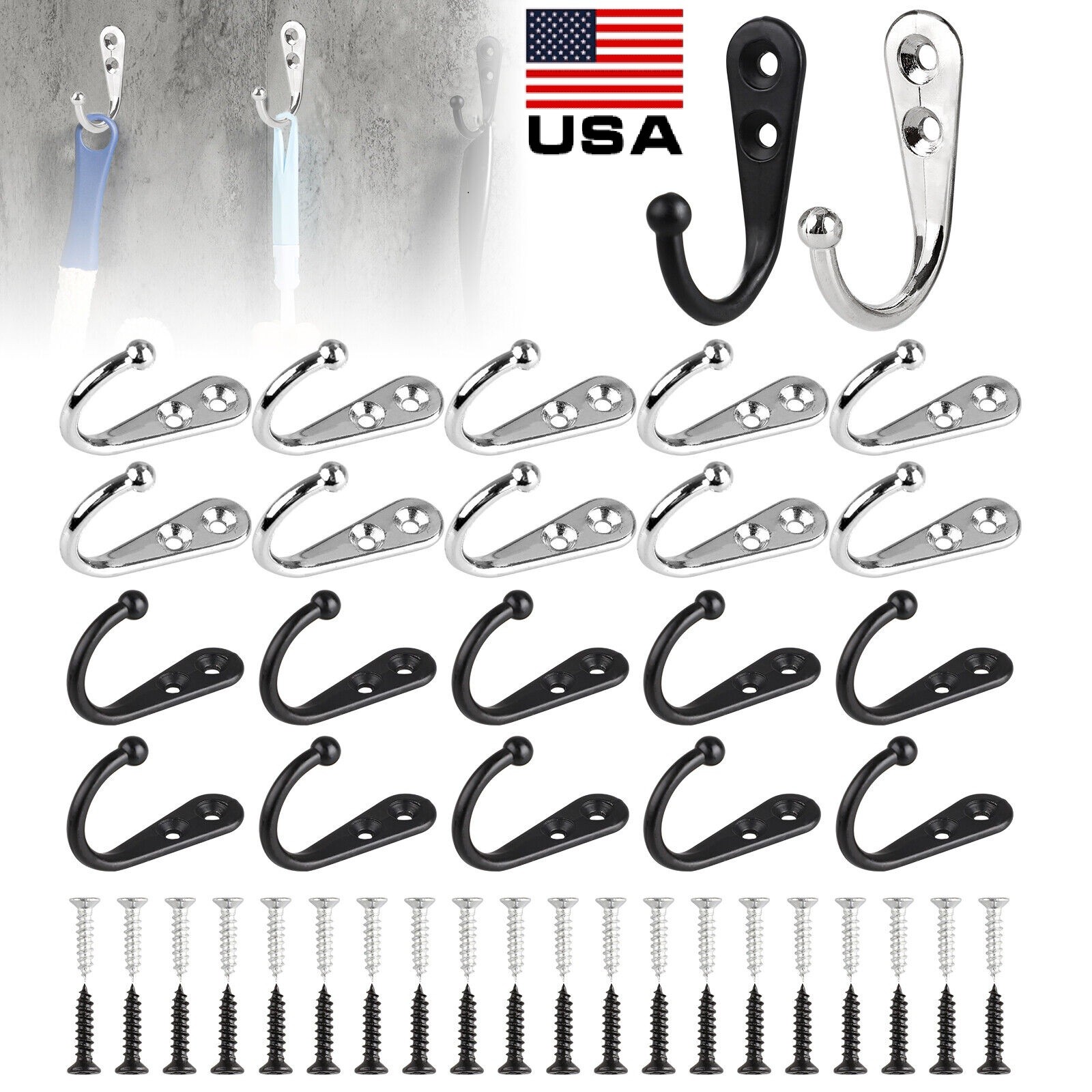 20pcs Wall Hooks for hanging, Metal Wall Hooks for Coats, Coat hooks for Wall US