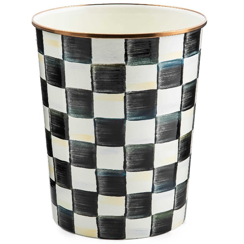 Waste Bin, Black-and-White Courtly Check | Hand-painted design