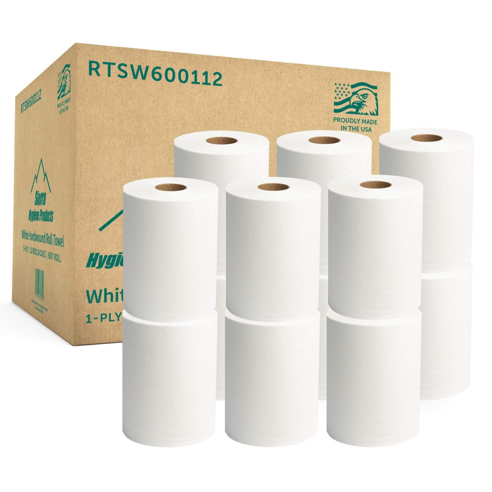 Sierra Hygiene 1-Ply White Roll Towels, 8” x 600’, 12/Case, Made in USA