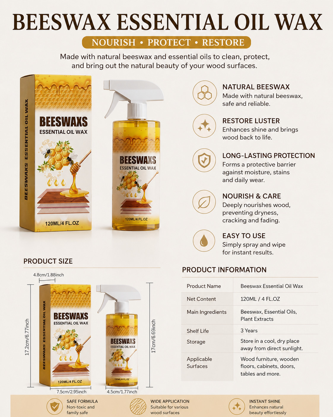 Beeswax Spray Essential Oil Wax,Multi-Purpose Furniture Polish,Wood Care Spray