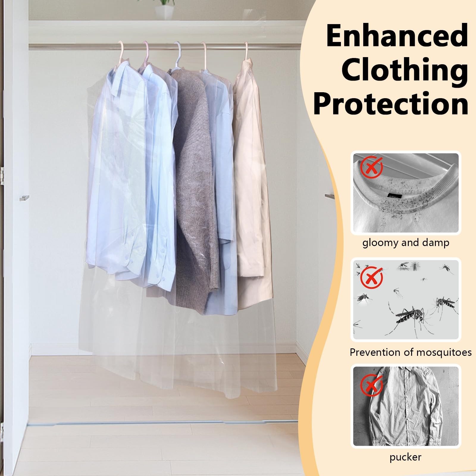 50 Pack Clear Plastic Garment Bags Hanging Clothes Storage for Dresses Skirts