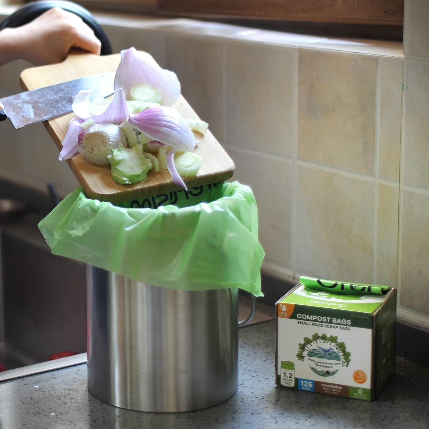 (Include 100+25 Bonus Bags) Compostable Bags 1.2-1.6 Gallon,Fits 0.75,1,1.2,1.3
