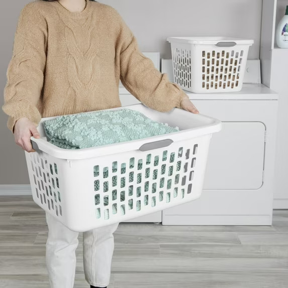 Large Plastic 2 Bushel Laundry Basket with 4 Comfort Grip Handles, White