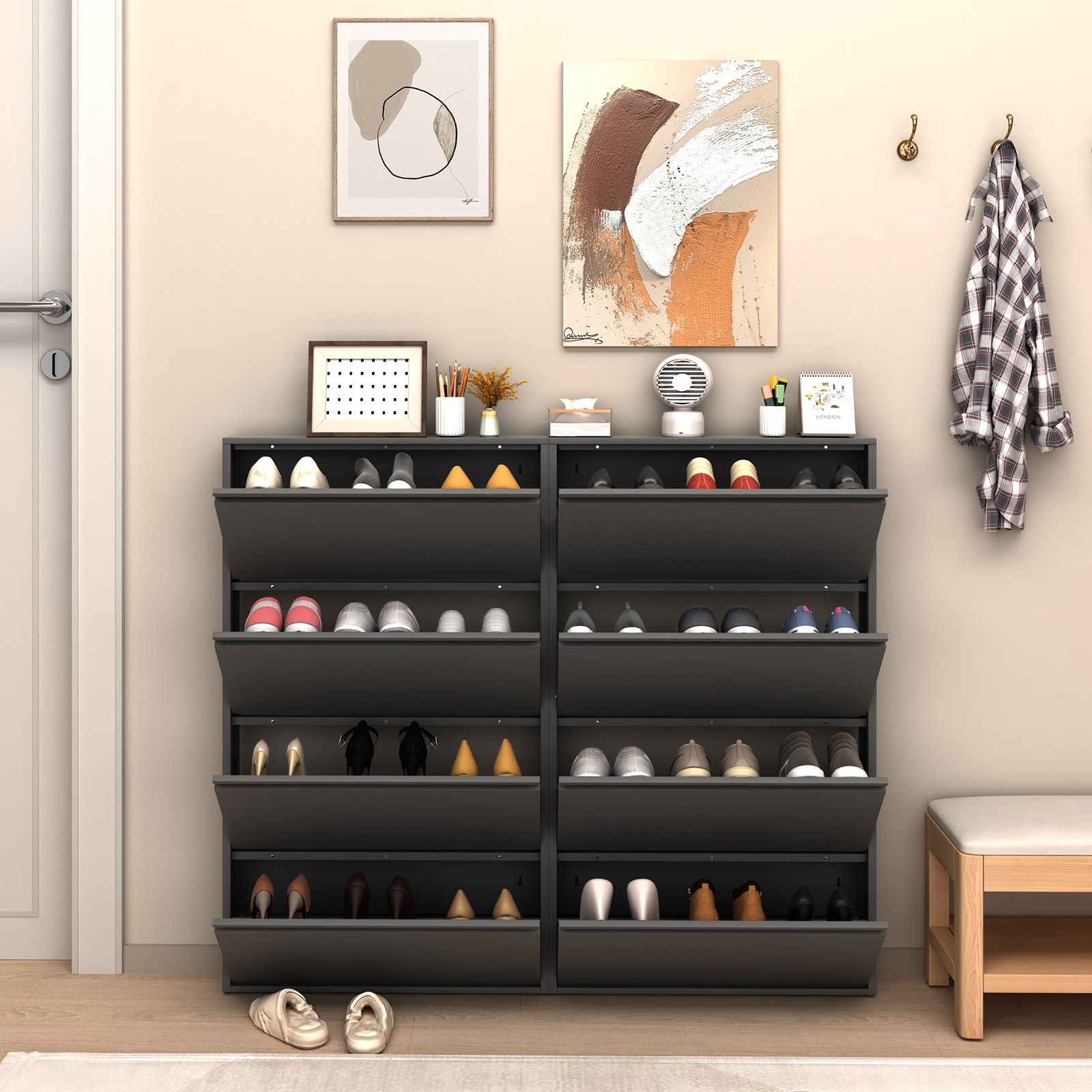 Metal Shoe Cabinet with 4 Flip Drawers, Wall Mount Shoe Organizer for Entryway