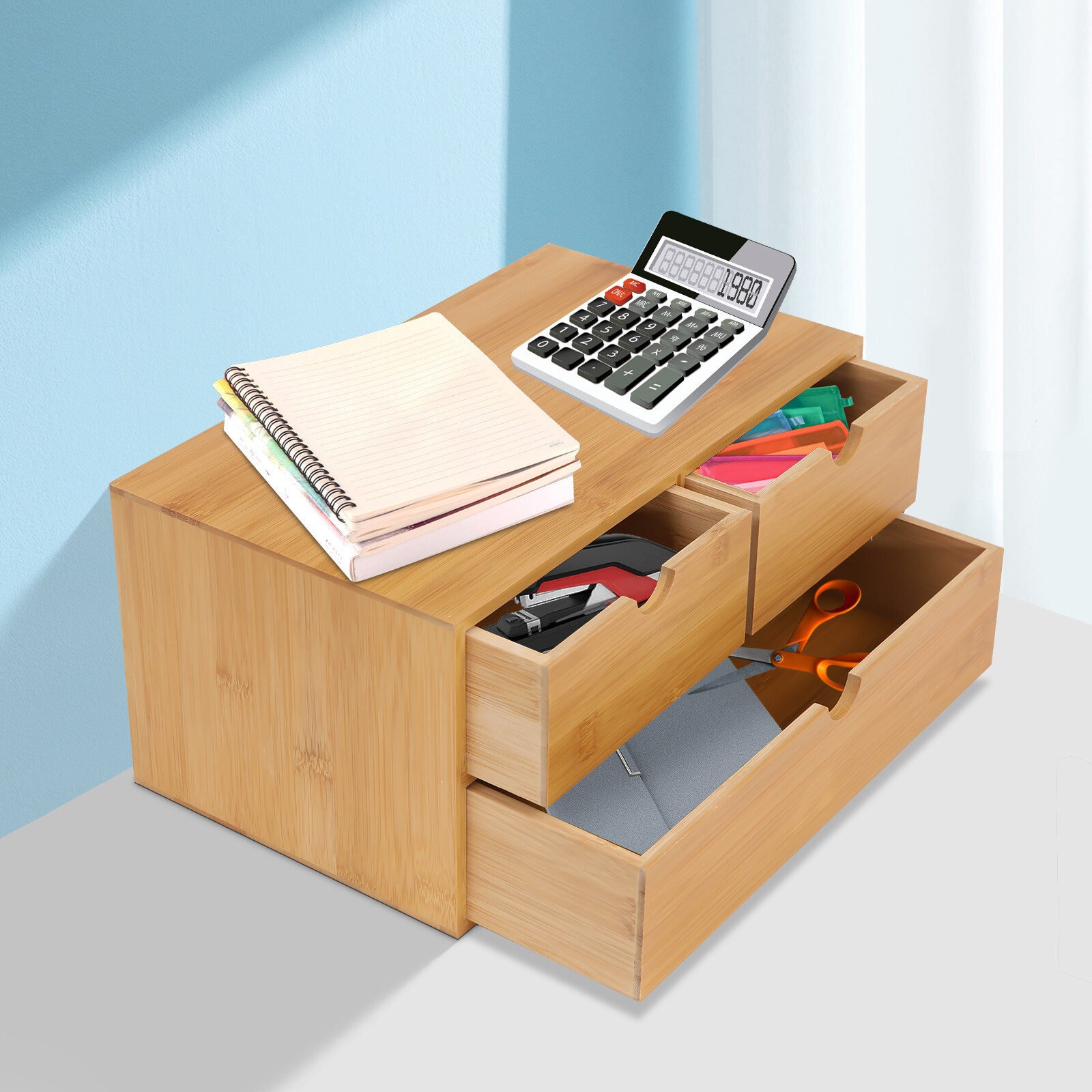 Bamboo Desk Organizer with 3 Drawers, Tabletop Storage Box No Assembly Required