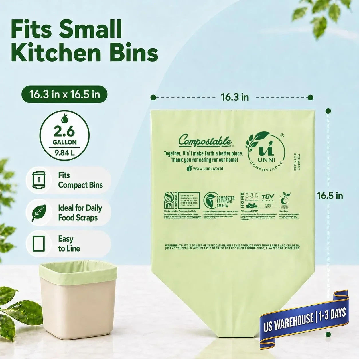 Compostable Trash Bags, 2.6 Gallon / 9.84 Liter, 100 Count, Extra Thick 0.7