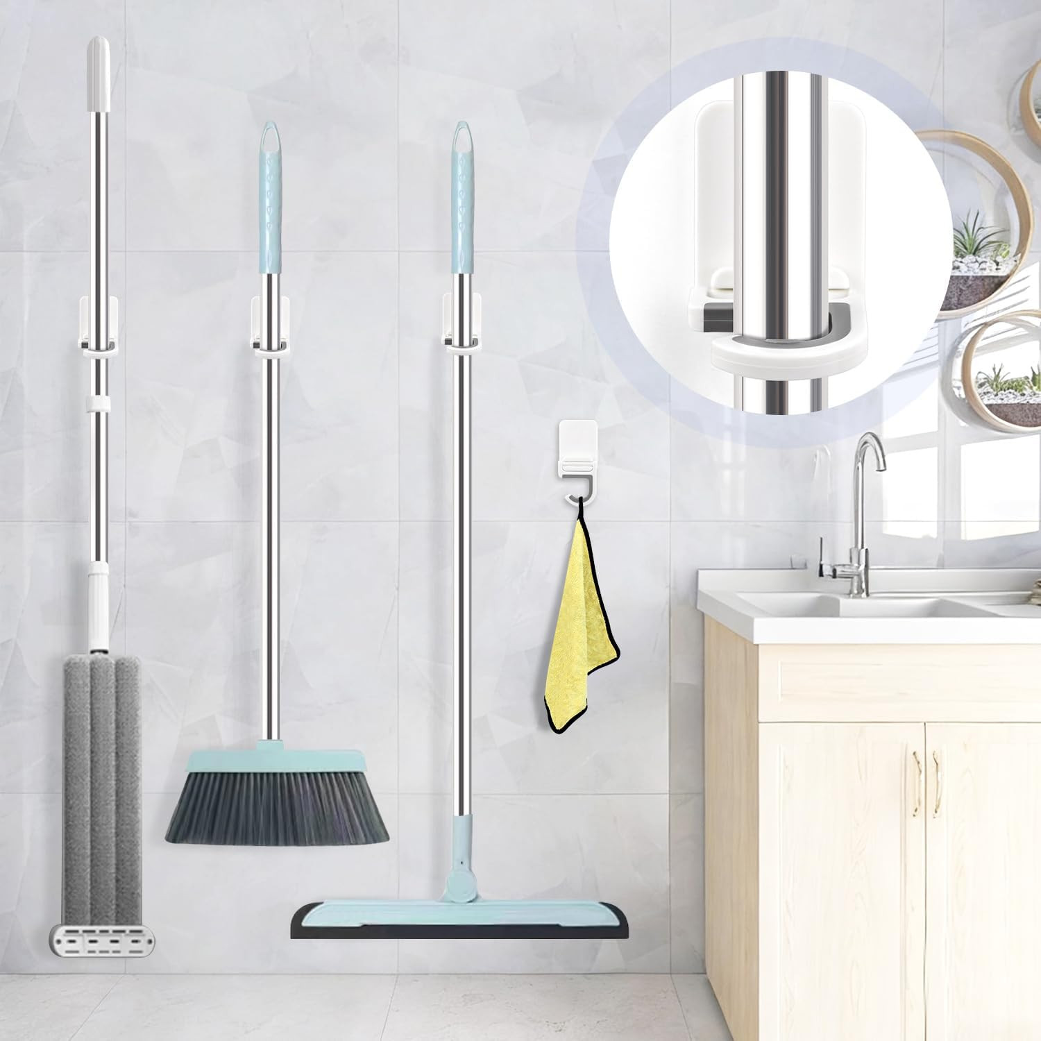 4-Pack Wall Mount Mop & Broom Holder Self-Adhesive Anti-Slip Storage Hooks