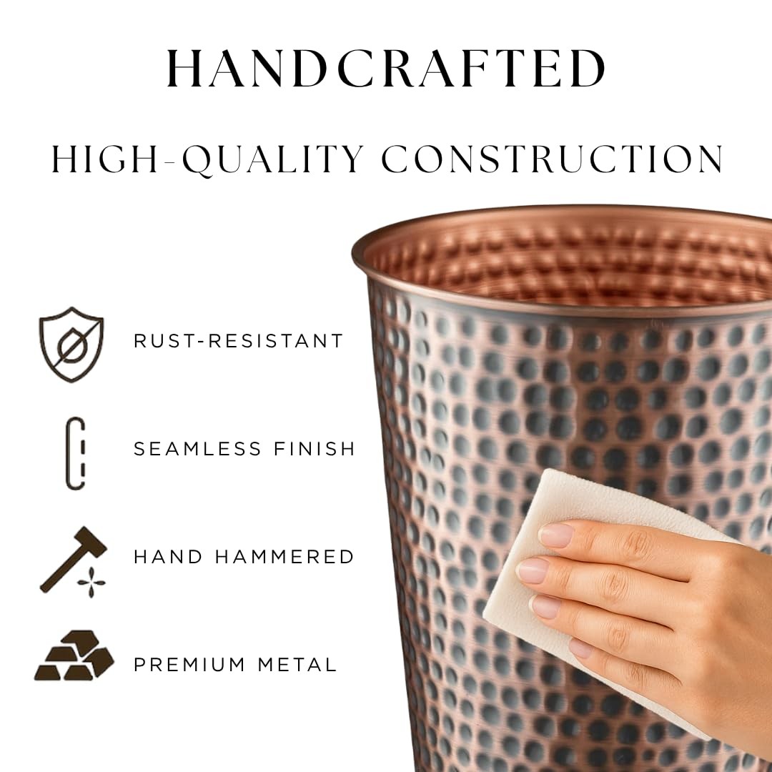 Hand Hammered Antique Copper Metal Small Bathroom Trash Can Wastebasket Bin