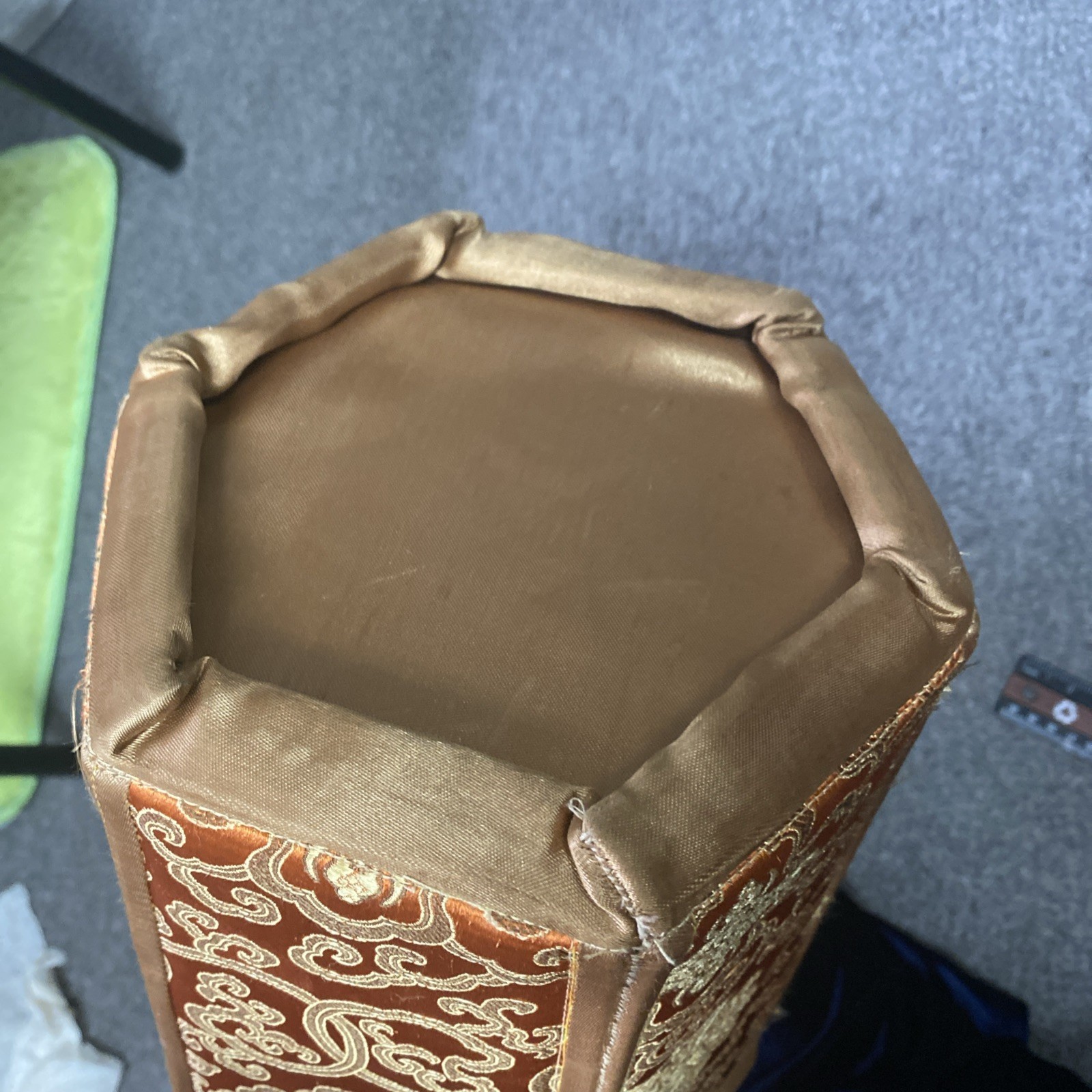VTG Chinese Silk Brocade Hexagonal Waste paper Trash Basket Mcm 11.5x9x8″