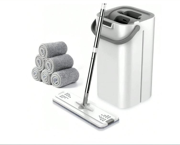 Flat Floor Mop and Bucket Set – Hands Free Self-Wringing Mop System with Reusabl